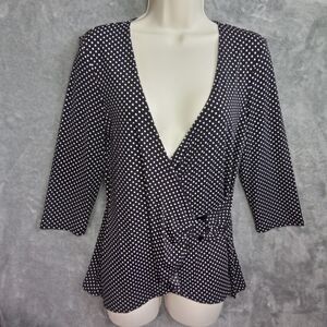 FYLO Women Medium Blouse Black And White‎ Polka Dot V Neck Long Sleeve Y2K 90s